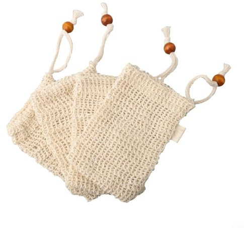 Seifennetz mit natürlichen Holzperlen, Seifennetz, Seife, Aufbewahrungstasche, für Damen und Herren, handgefertigt, für Bad, Dusche, Sisal, Gesicht, Luffa, 4 Stück
