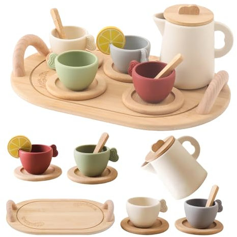 OESSUF Tea Party Set Kids Wooden Tea Set for Little Girls and Boys, Kids Play Kitchen Accessories Toy Dishwasher Safe Tea Set for Toddler, Pretend Play Toddler Tea Set Ideal Christmas Birthday Gift