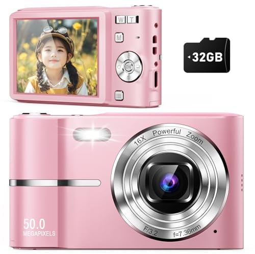 Qumcou Digital Camera, FHD 1080P Kids Camera, 50MP Point and Shoot, 16X Zoom, Pink