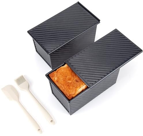 Cartman 2 Pack Loaf Pan with Cover and a Silicon Spatula and Basting Pastry Brush,1 lb Dough Capacity,Non-Stick Carbon Steel Corrugated Bakeware with Cover