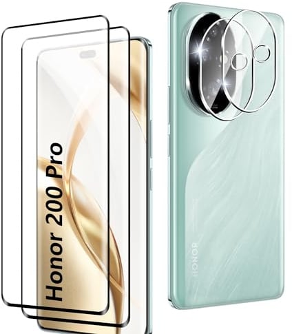 Rojeuinn Protector de Pantalla para Honor 200 Pro 5G, [2 Pack] Cristal Vidrio Templado y [2 Pack] Protector de Lente de Cámara, HD cobertura total, dureza 9H, Anti-Arañazos Anti-Huellas Dactilares.