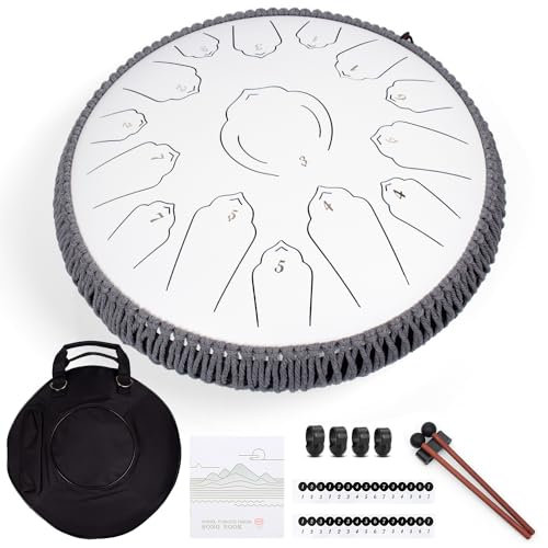 AMKOSKR Stahlzungentrommel, 14 Zoll 35 cm Steel Tongue Drum, C-Dur 15 Noten, Handtrommel HandPan Drum mit Drumsticks, Tragetasche, Weiß
