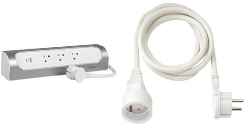 LEGRAND - Multiprise d'angle - 3 Prises Surface avec Terre + Prise USB-C + Prise USB-A & Brennenstuhl Rallonge 2m de câble avec fiche Plate (Utilisation en intérieur) 1161821022 Blanc
