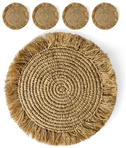 Karmagonia 4er Tischset mit Fransen im Boho Stil - Handgefertigtes Platzset rund aus 100% Naturfasern - nachhaltige Untersetzer für Teller, Platzdeckchen für Esstisch