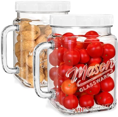 Absovetu 2 Pack Large Glass Jars with Lids 2160 ml/74oz - Wide Mouth Mason Jars with Handle Glas Storage Jars with Lids Airtight for Juice Milk Water Pickle Hot Chocolate Coffee