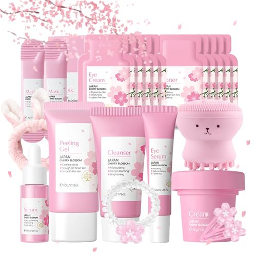 Set per la cura del viso per ragazze e donne, anti-rughe, set per la cura della pelle del viso, idratante Sakura Skincare con crema sierica, toner, crema per gli occhi, cura quotidiana della pelle