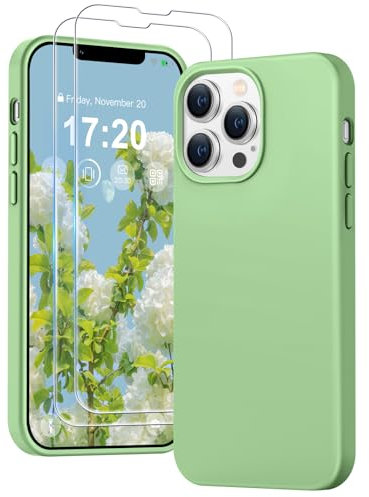 PuyaTeya 3 in 1 Hülle für iPhone 13 pro, mit 2 Stück 9H Panzerglas Premium Liquid Silikon Hülle, mit 4-Layer stoßfesteabriebfestes, Soft Mikrofaserfutter hülle für iPhone 13 pro(hellgrün)