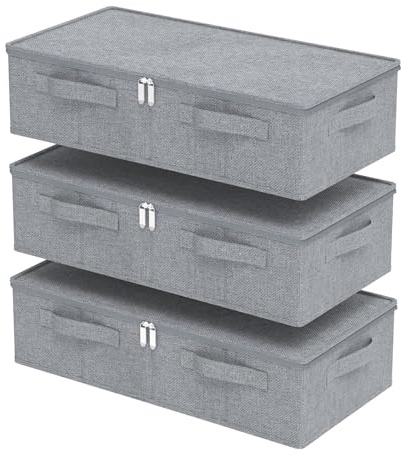 ENUMAIL Unterbett Aufbewahrungsbox aus Leinen,60x30x15cm,Grau,3 Stück | Unterbettkommoden mit Deckel,Waschbare Ordnungsboxen, Kleidung Organizer Box, Organisationsboxen mit Griff, für Bettdecken