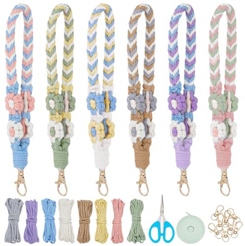 FREEBLOSS 6 Set DIY Makramee Schlüsselanhänger Set Makramee Set Für Anfänger 6 Farben Makramee Blumen Schlüsselanhänger Anhänger Für Geldbörse Autoschlüssel Mit Video Tutorial