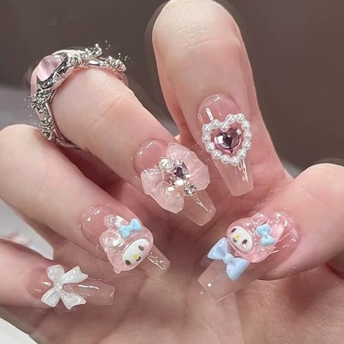 300-XS Faux Ongles Long MouyouGlow,Ballerine Cute Kawaii Rose Bow Tie Noeud Papillon 3D MyMe Lody Kitty Carton Love Crystal Pearl Press on Nails avec Colle à Ongles,Y2K Coquette Fake Nails,10pcs