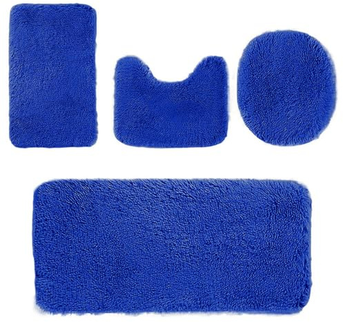 Heavyoff Badematte Set 4 teilig, Waschbar Badezimmerteppich, rutschfeste Badematte Toilettenmatte,Weich Saugfähige Badteppiche und WC Vorleger Duschvorleger, Blau