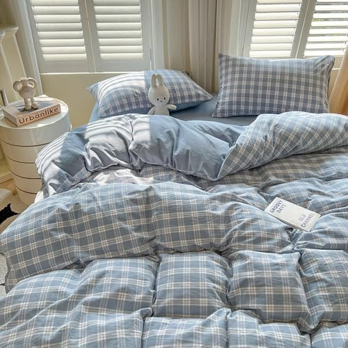Covebett Bettwäsche 135x200 Blau Weiß Kariert mit 1 Kissenbezug 80x80 cm | Bettbezug Set, 2 Teilig, Karo, Gitter, Landhaus, Geometrisch, Wende, Bettwäsche-Sets, Microfaser, Aesthetic, Reißverschluss