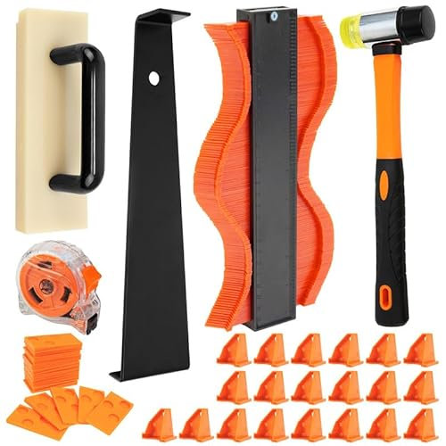 Laminat Verlegeset, Laminatboden Kit mit 40 Montagekeile, Schlagklotz, Zugstange, Doppelseitiger Gummihammer, für die Verlegung von Laminatböden