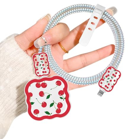 DiyGody Wave Phone Charger Cable Protector Case for iPhone 20W USB-C Power Adapter, Cute Cherry Design Clear Data Cord Case Soft TPU Charging Protector for iPhone UK Power Adapter