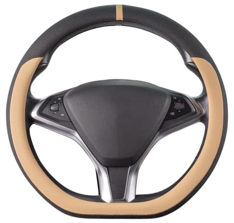 COFIT D Shaped Steering Wheel Cover, 15 inch Microfiber Leather Non-Slip Grip, Universal Fit for Cars Interior Decor Accessories, Size M 37-38cm, Black and Beige