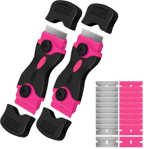Razor Blade Scraper 2-in-1 Multi-Surface Tool 2-Pack for Car Windows, Glass, Vinyl, Stickers, Ceramic Cooktops, Dual-Edge Adhesive Remover with Safety Cap, Ergonomic Handle, Quick-Change Design, Pink