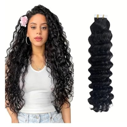 Tape in Haarverlängerungen Deep Wave Tape In Haarverlängerungen Echthaar for schwarze Frauen 16-26 Zoll Remy Human Hair Wave Curly Skin Weft Tape Ins Extensions Naturschwarz #1B Tape in Extensions(18