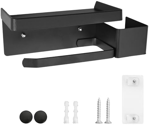 Noir Porte Papier Toilette Mural, Support Papier Toilette sans Percage, Auto-AdhéSif Toilet Paper Holder avec Support de Rangement pour AromathéRapie, Convient pour La Salle de Bain Et La Cuisine