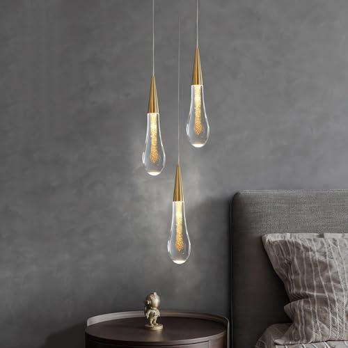 J.SUNUN Pendelleuchte Treppe Pendellampe Glas Kristall Lange Kronleuchter Moderne Gold 3-Flammig Hohe Decken Hängeleuchte für Villa Treppenhaus Esszimmer Foyer Wohnzimmer Schlafzimmer
