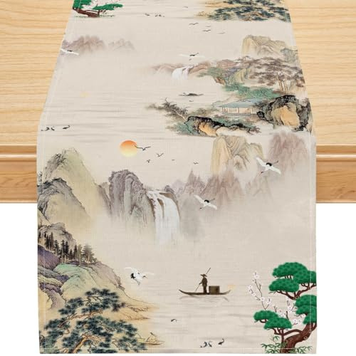 Chinesischer Landschafts Tischläufer – Traditionelles Berg Fluss Wasserfall Design in Leinenoptik, Asiatische Kunst Deko für Esstisch & Wohnzimmer 33x92cm