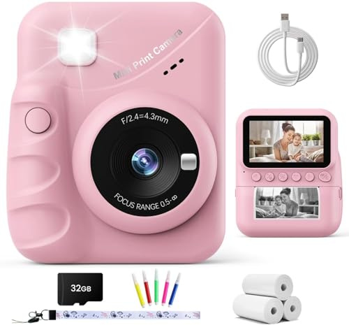 TIATUA Kinderkamera Sofortbildkamera, 3,0 Zoll Bildschirm 48MP 1080P, Rosa | Inkl. 32GB Karte & 3 Papierrollen, Tintenfreier Druck, Selfie, MP3, Spielzeug Geschenk für Jungen & Mädchen 3-12 Jahre