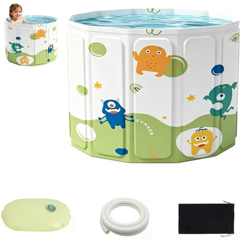 Faltbare Badewanne, mit Aufbewahrungstasche und aufblasbarem Wasserkissen, freistehend für Dusche, Heißbad & Eisbad, Boden- & Seitenabfluss mit Ablassrohr (40x55x55cm für Kinder)