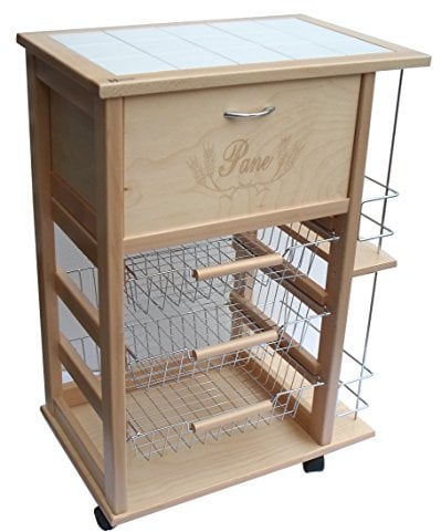 Maslegno Vesuvio - Carrello da cucina con cassetto per pane e portabottiglie naturale