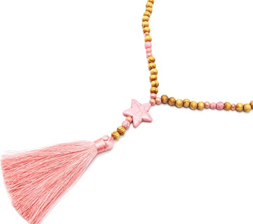 Oh My Shop CL2458 - Sautoir Collier Perles Bois et Effet Marbre avec Pierre Etoile et Pompon Rose