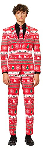 Opposuits Men's Red Christmas Suit - Festive X-Mas Holiday Nordic Outfit - Red and White Print - Includes Blazer, Pants - Tie