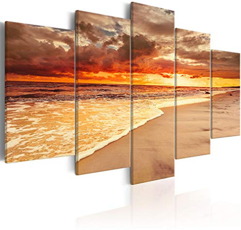 decomonkey Bilder Strand 225x112.5 cm 5 Teilig Leinwandbilder Bild auf Leinwand Wandbild Kunstdruck Wanddeko Wand Wohnzimmer Wanddekoration Deko Natur Meer Sonnenuntergang orange Wasser Landschaft