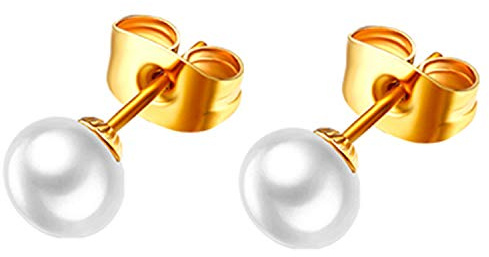JewelryWe Schmuck Damen Ohrstecker, 4mm~10mm Hochwertige Süßwasser Zuchtperlen Edelstahl Perlenohrstecker Ohrringe mit Weiß Echten Perlen, Gold