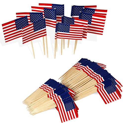 Anley Bandera de palillo de dientes de la bandera de Estados Unidos, impresión vívida de doble cara, púa lisa y sólida, decoración de fiesta, cóctel, palillos de frutas, palillos de dientes, cupcakes