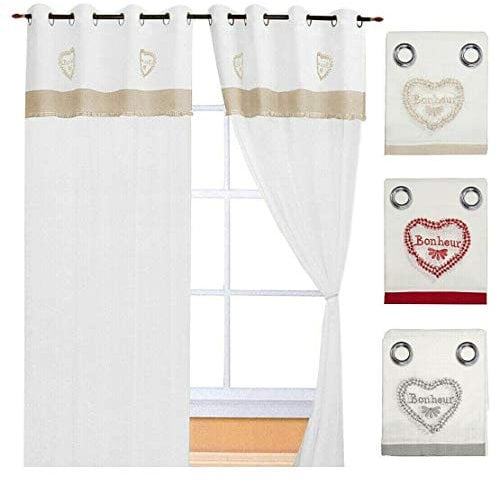 emmevi Curtains Window Interior Door Linen Fabric Semitransparent Pair 2 Pcs Heart Checked Pattern Bonheur Curtain 2 PACK 140X290 Bordeaux