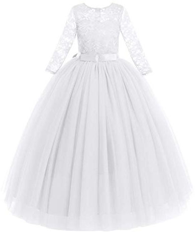 Flower Girls Party Princess 3/4 Sleeve Maxi Floor Length Dress Kids Floral Lace Pageant Ceremony Wedding Bridesmaid Communion Birthday Cocktail Evening Dance Prom White 3-4 Years