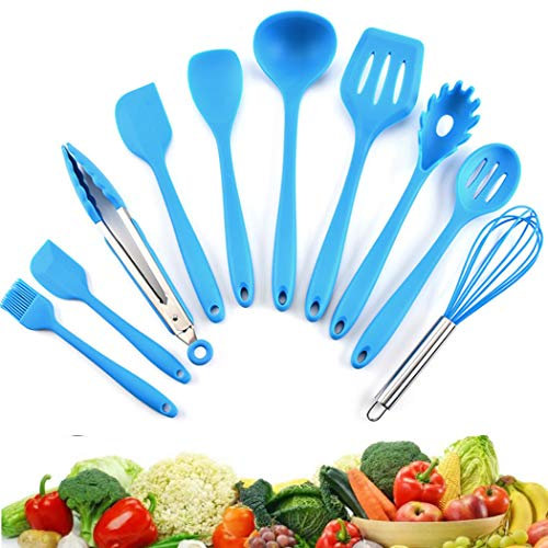 Hoshen Juego de 10 utensilios de cocina antiadherentes de silicona resistentes al calor, 5 colores, color azul