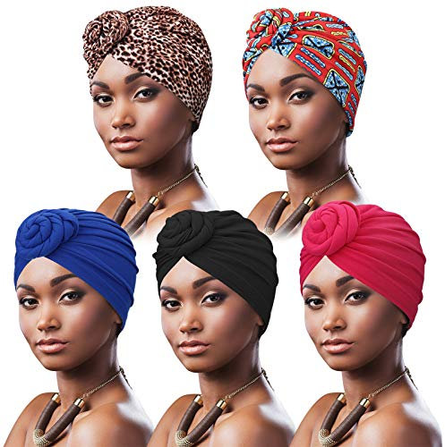 DRESHOW 5 Stücke Afrikanischen Turban für Damen Soft Vorgebunden Knot Mode Plissee Turban Hut Mütze Kopfwickel Schlafmütze