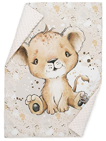 ELIMELI Babydecke Kuscheldecke Krabbeldecke Premium Babybettwäsche Baumwolle und Minky Polar Fleece mit Füllung 75x100 (Ecru - Löwe)