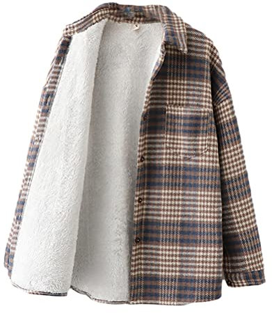 Minetom Chemises Femme Automne Hiver Blouses à Carreaux Manches Longues Flanelle Chemise Chaud Velours Veste Manteau A Bleu XS