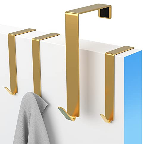 MDCASA Türhaken Gold - bis 4,5 cm Türblattstärke, ohne Falz - 4 Stück - Kleiderhaken über Tür - Fensterhaken Deko - Garderoben-Haken – Handtuchhalter