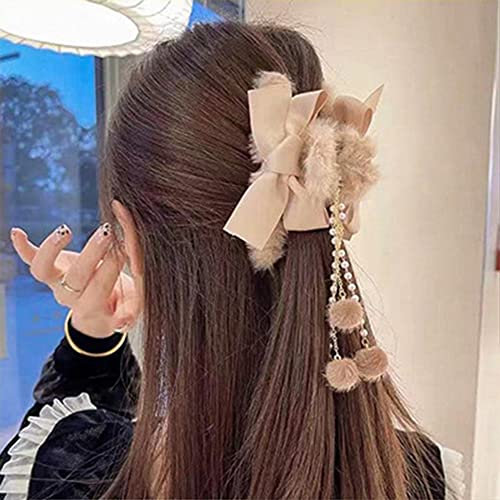 Jumwrit Pinces à cheveux en forme de nœud - Pinces à cheveux en forme de banane - Pinces à cheveux avec perles et pompons - Bonne tenue - Accessoires tendance pour femmes et filles - Rose
