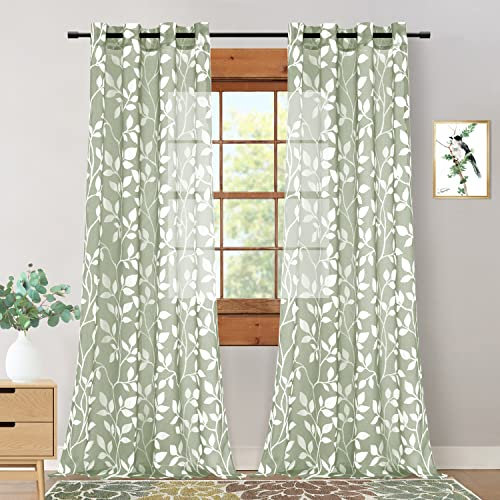 XTMYI Tende trasparenti lunghe 274 cm, per soggiorno, set di 2 pannelli, motivo floreale bohémien, extra lunghe, alte 2,7 m, da soffitto a pavimento, per finestre alte e grandi, verde salvia e bianco