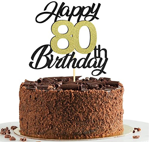 80th Birthday Cake Toppers,Black&Gold Glitter Cake Decorations,Happy 80th Cake Toppers for Men Women Birthday Themed Party,1PC