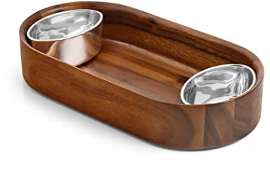 Nambe Oblong Nest Chip and Dip Serving Bowl, Wooden Appetizer Platter Set with Oven Safe Metal Dip Cup for Salsa, Guacamole, Nacho, Vegetables; 13” L x 6.5” W