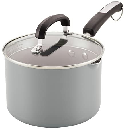 Farberware EcoAdvantage Ceramic Nonstick Straining Saucepan/Sauce Pan with Lid, 3 Quart, Gray