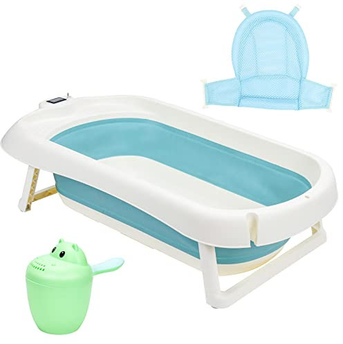 Ikodm 3 in 1 Baby badewanne mit Thermometer | Badematte | Baby-Haarwaschbecher, Ergonomische Babybadewanne Faltbar, Platzsparend, für Neugeborene Kleinkind ab 0-3 Jahre (Grün)