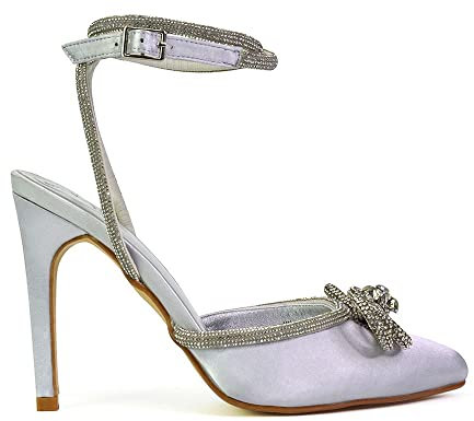 ESSEX GLAM Womens Wrap Around Diamante Rhinestones Bow Ladies Pointed Toe High Heel Bridal Party Court Shoes Size 3 4 5 6 7 8