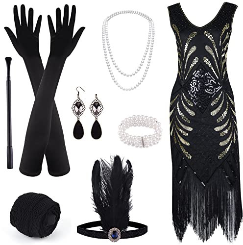 ELECLAND 1920er V-Ausschnitt Pailletten Perlen Fransenkleid mit 20er Accessoires Set (Black, Large)