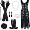 ELECLAND 1920er V-Ausschnitt Pailletten Perlen Fransenkleid mit 20er Accessoires Set (Black, Large)