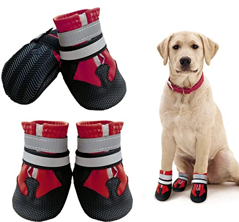 NeuWook Hundeschuhe, 4er-Set wasserdichte Hundeschuhe Anti-rutsch Hundestiefe mit reflektierendem Riemen, Breathable Hundestiefel Pfotenschutz für Kleine Mittelgroße Hunde (L, Rot)