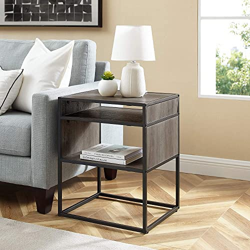 URBNLIVING Wooden Side Sofa Living Room Bedside Nightstand Cabinet Rustic Home Office Organiser End Table With Open Storage (Grey Wash)